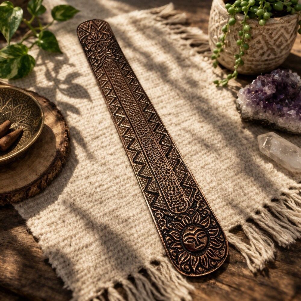 Metal Incense Burner Ash Catcher Sun Face Surya Celestial Boho Copper Holder